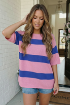Skip the Line Pink and Blue Oversized Sweater Top - Charming Charlie