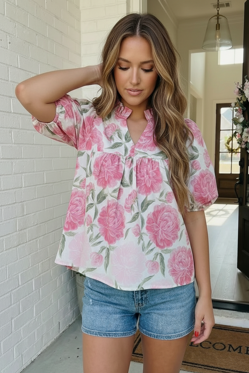 Painted Peony Puff Sleeve Blouse - Charming Charlie