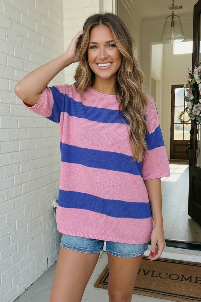 Skip the Line Pink and Blue Oversized Sweater Top - Charming Charlie