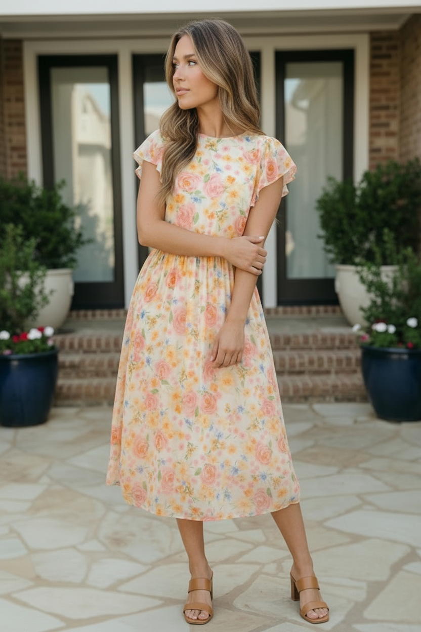 Watercolor Floral Flutter Sleeve Midi Dress - Charming Charlie