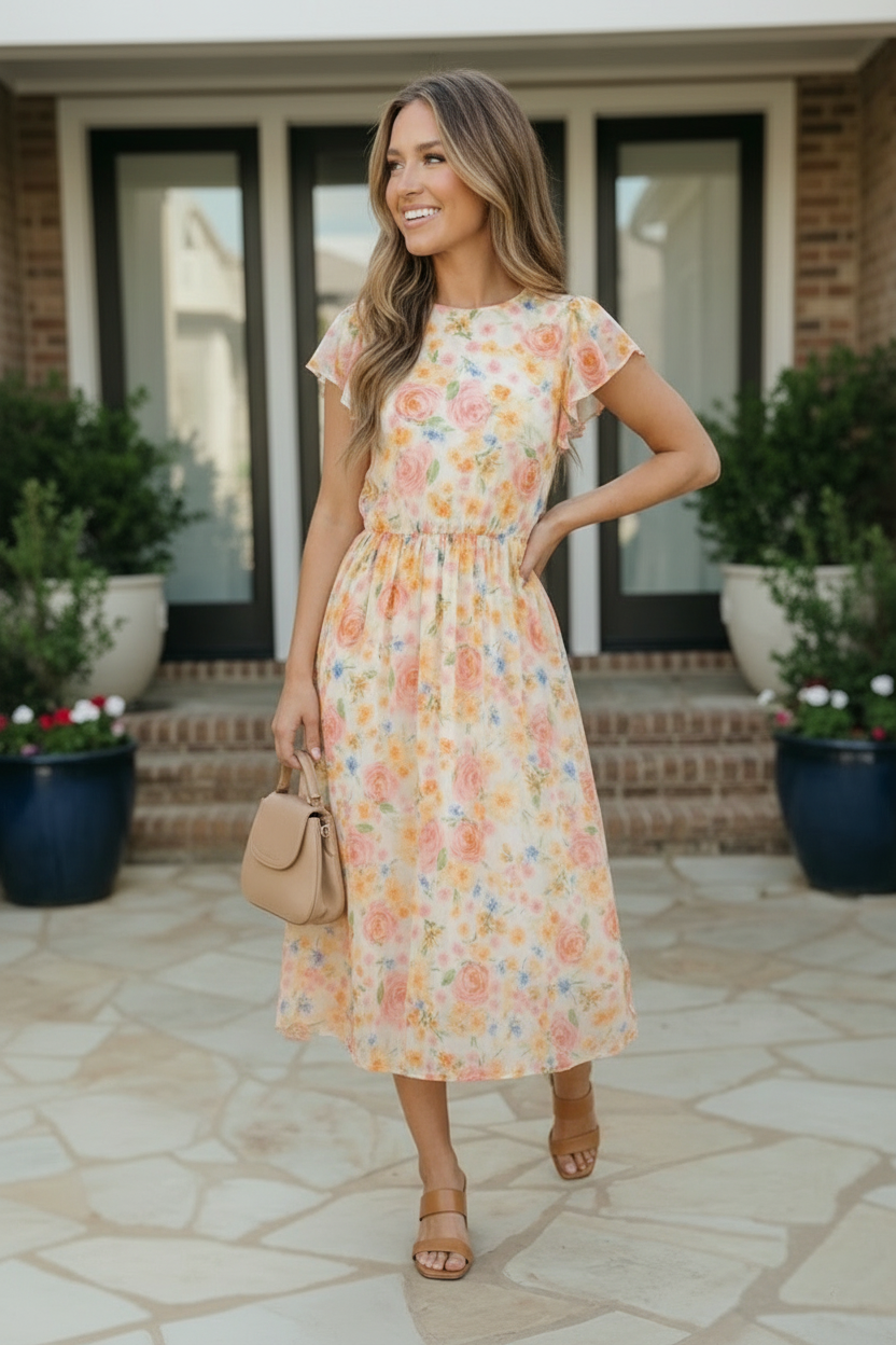 Watercolor Floral Flutter Sleeve Midi Dress - Charming Charlie