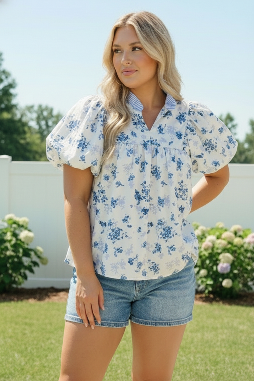 Sweet in Blue Floral Puff Sleeve Babydoll Top - Charming Charlie