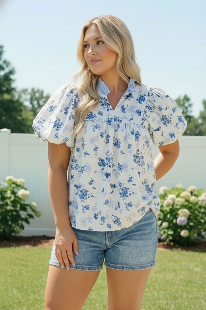Sweet in Blue Floral Puff Sleeve Babydoll Top - Charming Charlie