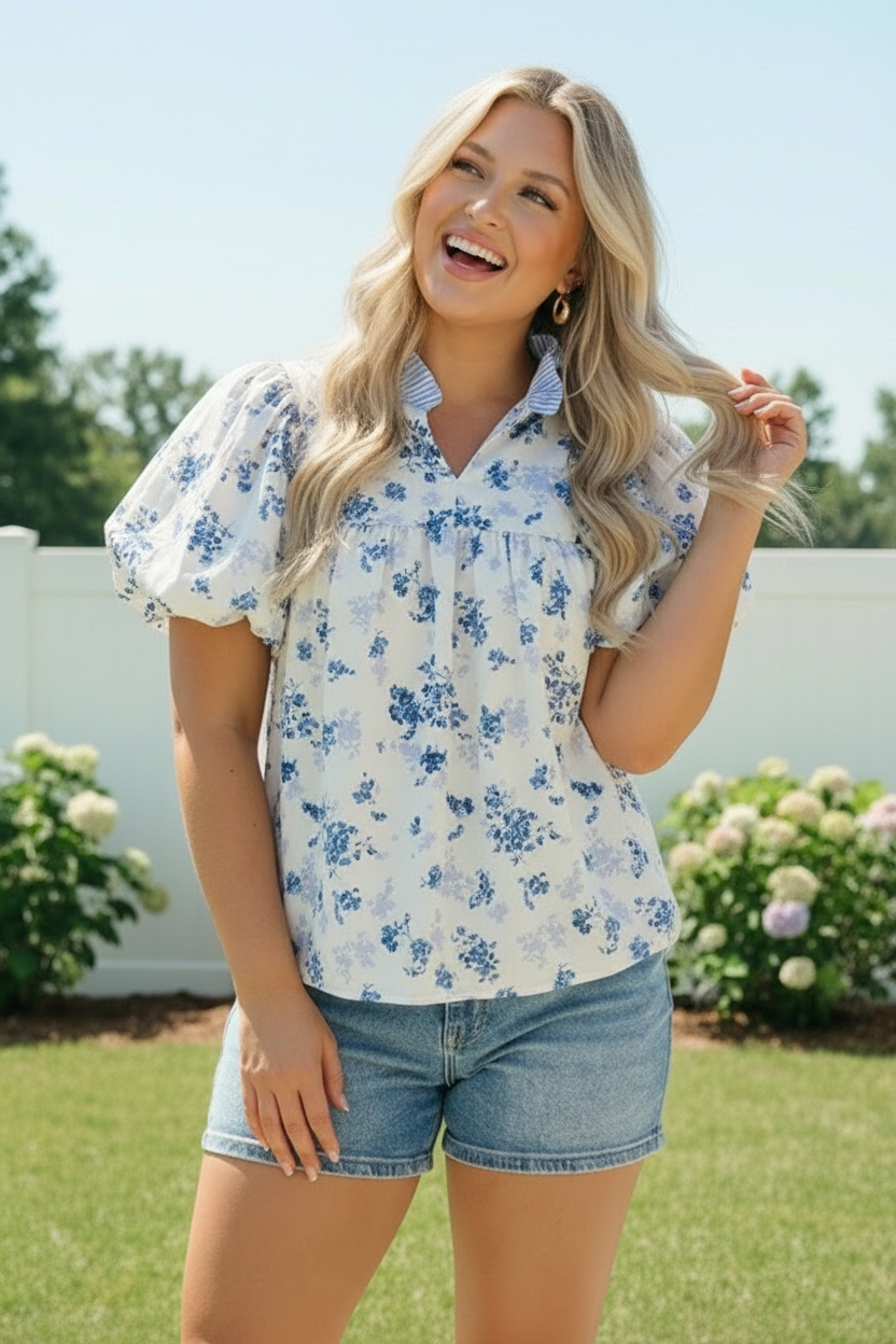 Sweet in Blue Floral Puff Sleeve Babydoll Top - Charming Charlie