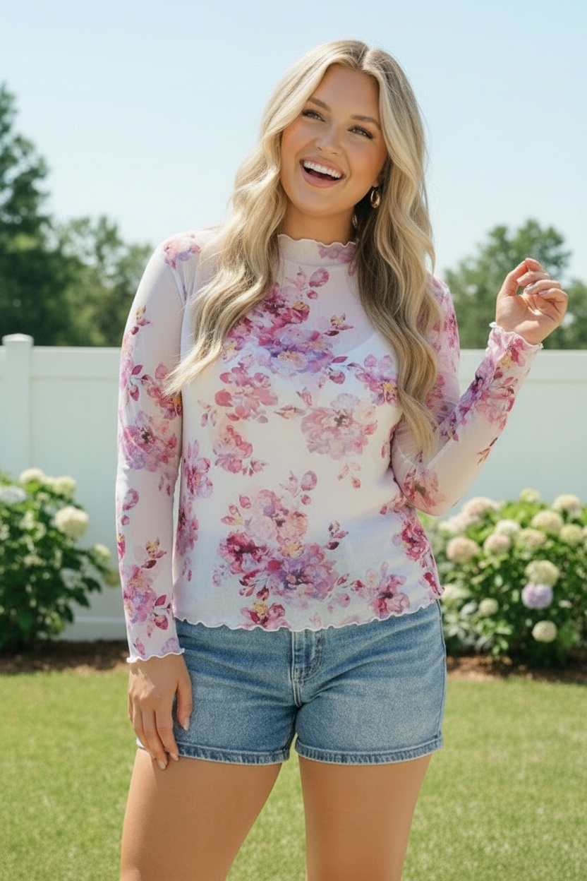 Garden Party Floral Mesh Long Sleeve Top - Charming Charlie