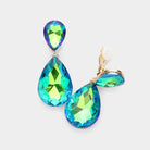 AB, Olive Green Glass Crystal Double Teardrop Clip on Evening Earrings