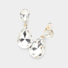 Gold Glass Crystal Double Teardrop Clip on Evening Earrings