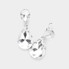 Silver Glass Crystal Double Teardrop Clip on Evening Earrings