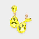 Yellow Glass Crystal Double Teardrop Clip on Evening Earrings