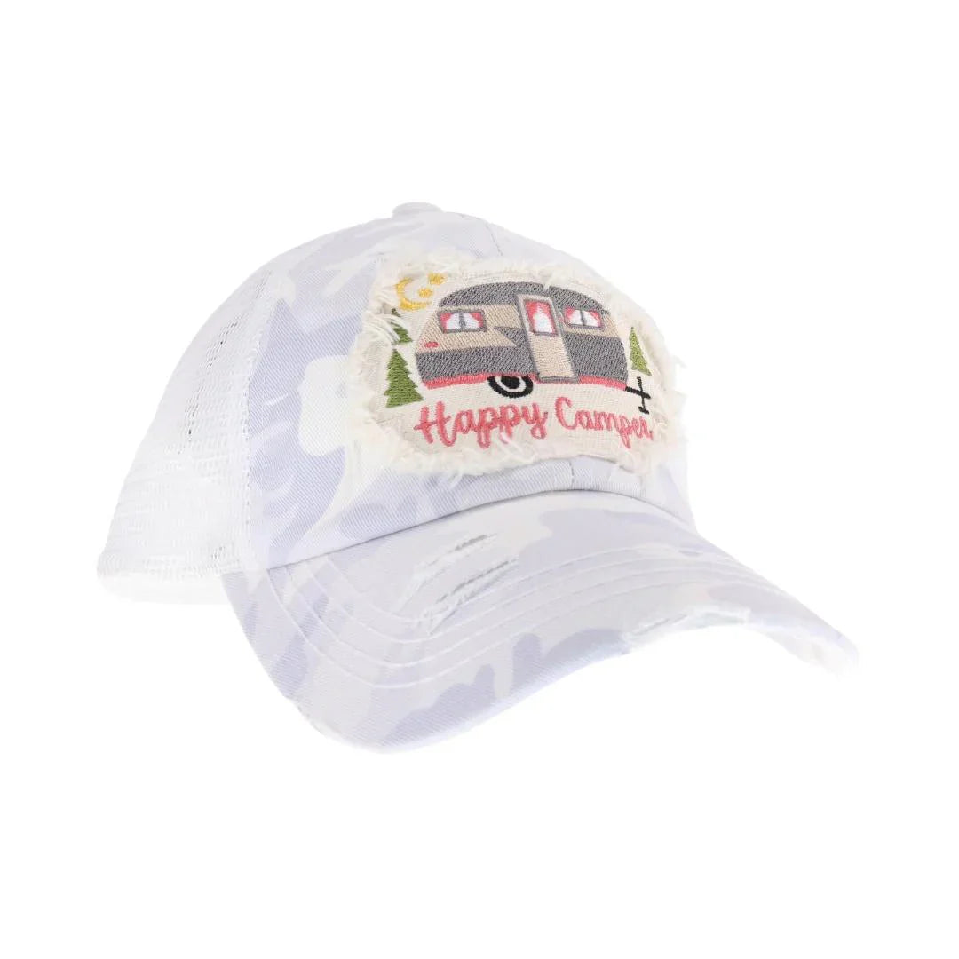 Happy Camper Patch C.C High Pony Criss Cross Ball Cap combines practical design with stylish details. Featuring a high ponytail opening and crisscross back straps, this cap offers a comfortable fit for active lifestyles. The embroidered Happy Camper patch adds a charming touch, making it ideal for outdoor adventures or casual wear. Durable and breathable, it keeps you cool while showcasing your adventurous spirit. 