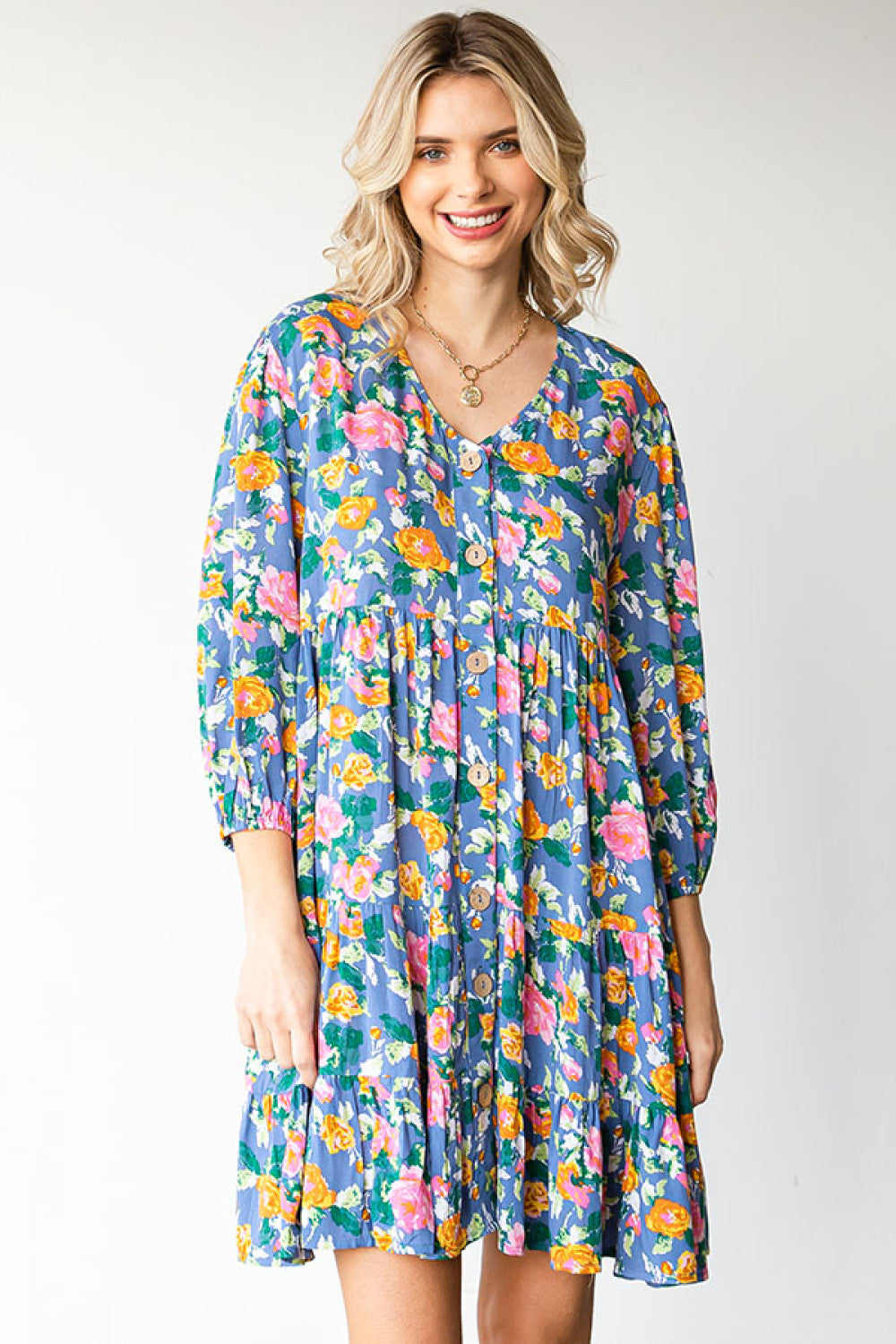 Boho Vibes Cotton Floral Button Down 3/4 Sleeve Tiered Dress - Charming Charlie