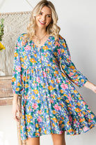 Boho Vibes Cotton Floral Button Down 3/4 Sleeve Tiered Dress - Charming Charlie