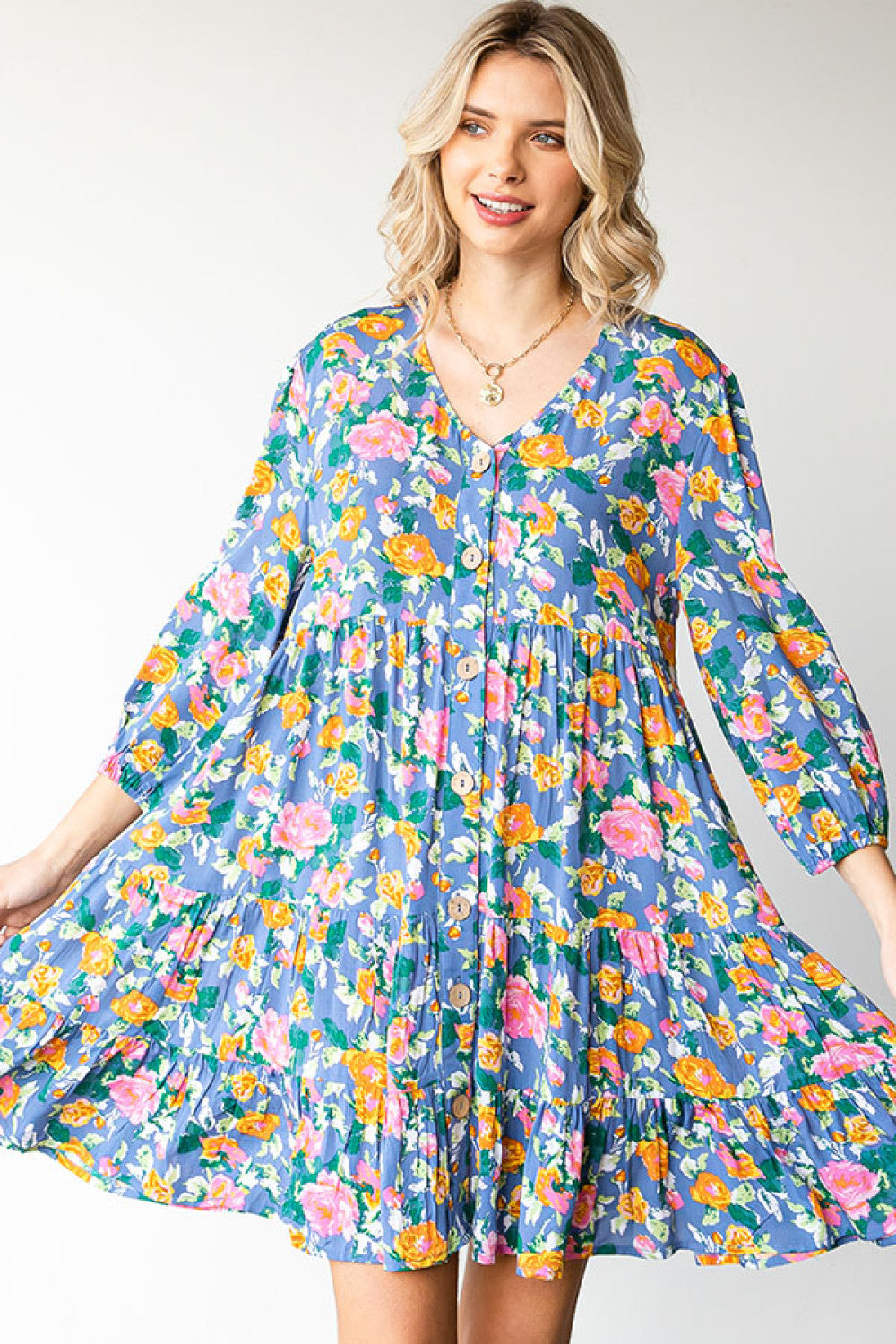 Boho Vibes Cotton Floral Button Down 3/4 Sleeve Tiered Dress - Charming Charlie
