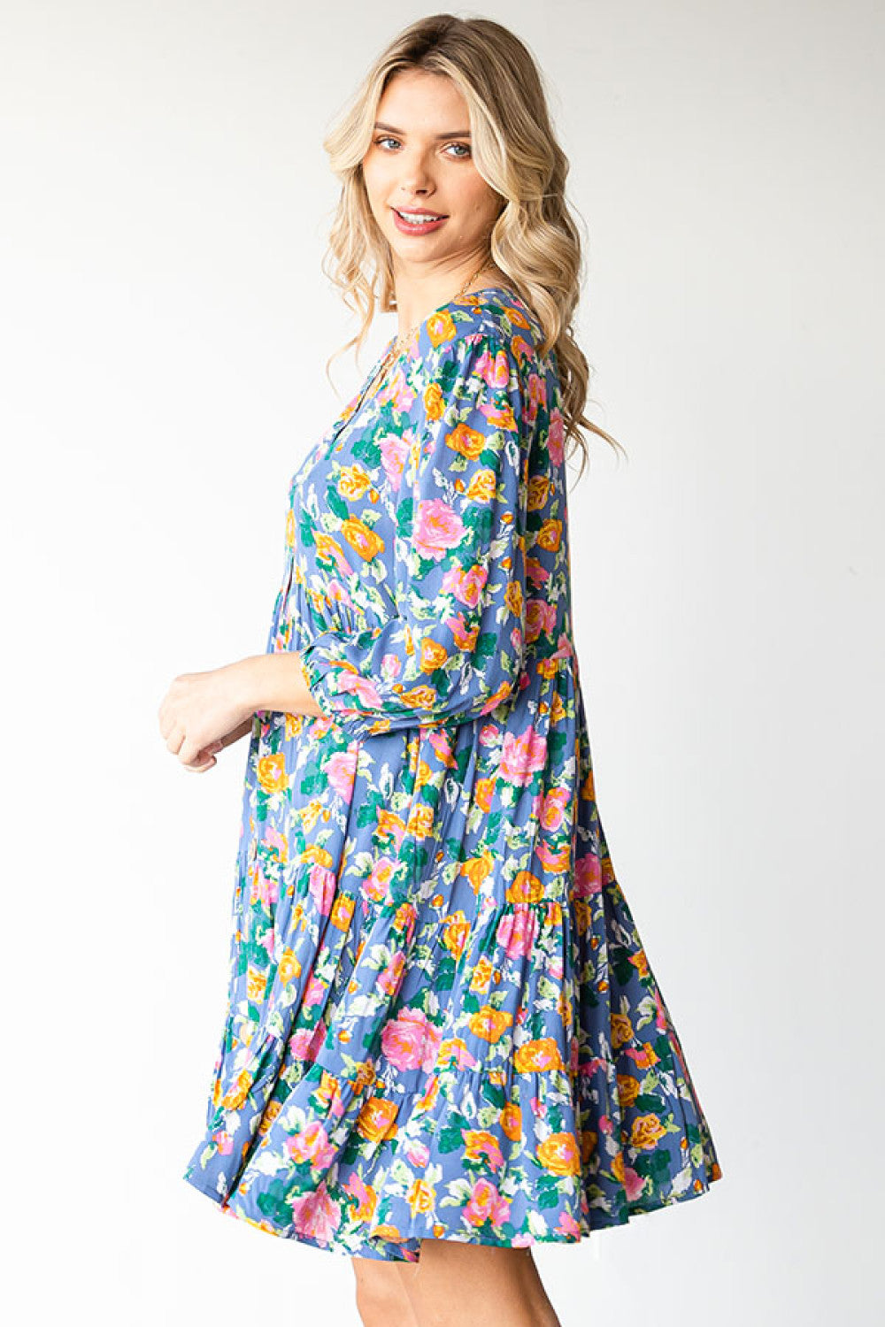 white christmas dresses Boho Vibes Cotton Floral Button Down 3/4 Sleeve Tiered Dress
