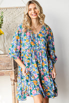 Boho Vibes Cotton Floral Button Down 3/4 Sleeve Tiered Dress - Charming Charlie