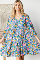 Boho Vibes Cotton Floral Button Down 3/4 Sleeve Tiered Dress - Charming Charlie