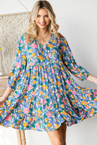 Boho Vibes Cotton Floral Button Down 3/4 Sleeve Tiered Dress - Charming Charlie