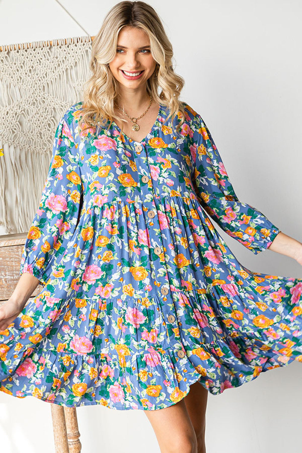 cotton 3 4 sleeve dress Boho Vibes Floral Button Down 3/4 Tiered Few Moda | Nicole WAIST (26 looks for the teacher Color:Soft Champagne