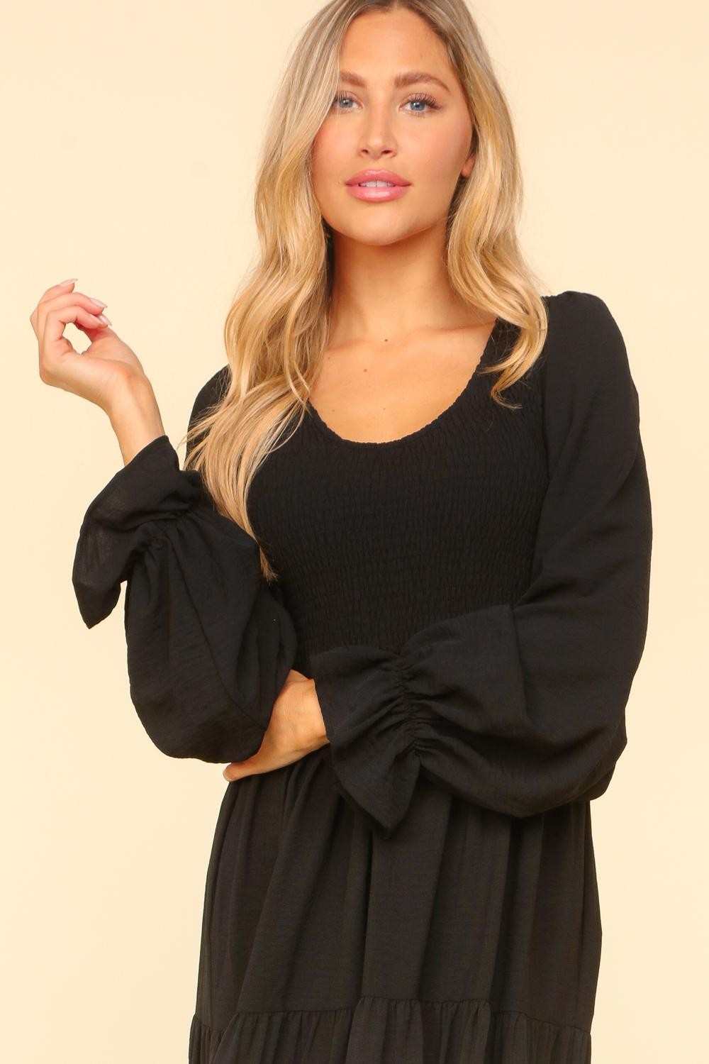 Smocking Maxi Woven Dress with Side Pockets in Black - Charming Charlie