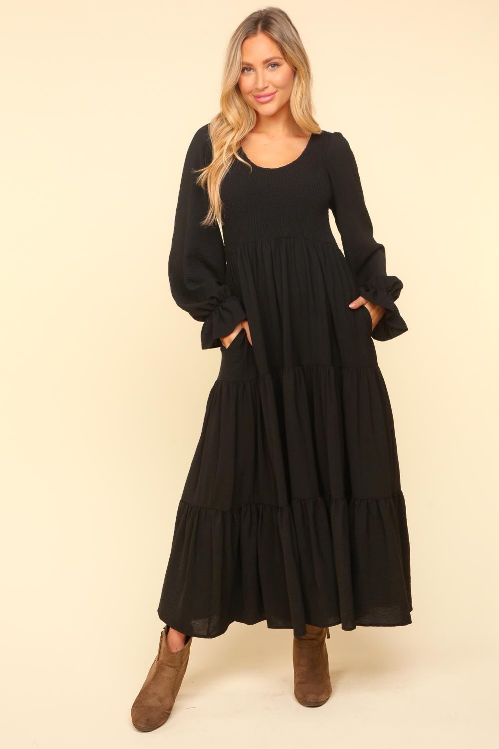 Smocking Maxi Woven Dress with Side Pockets in Black - Charming Charlie