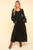 Smocking Maxi Woven Dress with Side Pockets in Black - Charming Charlie