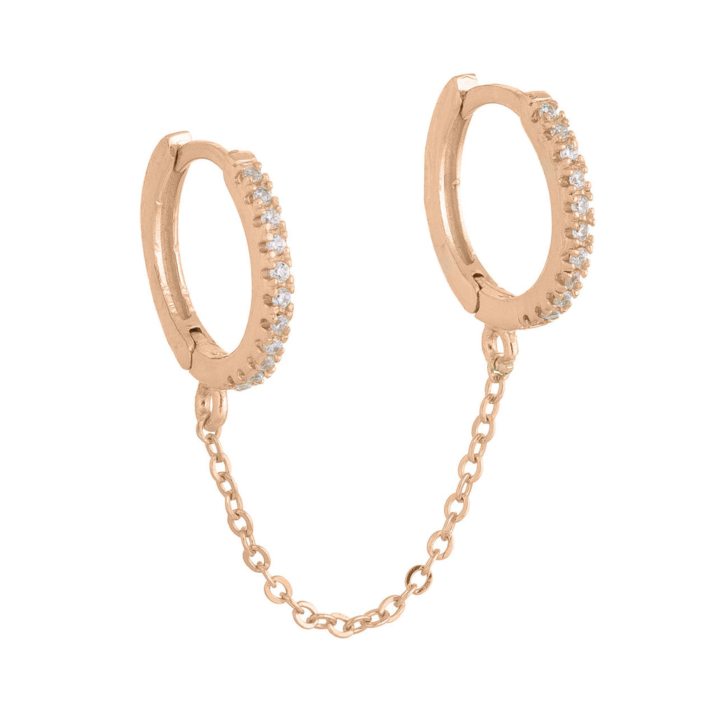 Rose Gold / Single CZ Double Huggie Chain Earring - Adina's Jewels