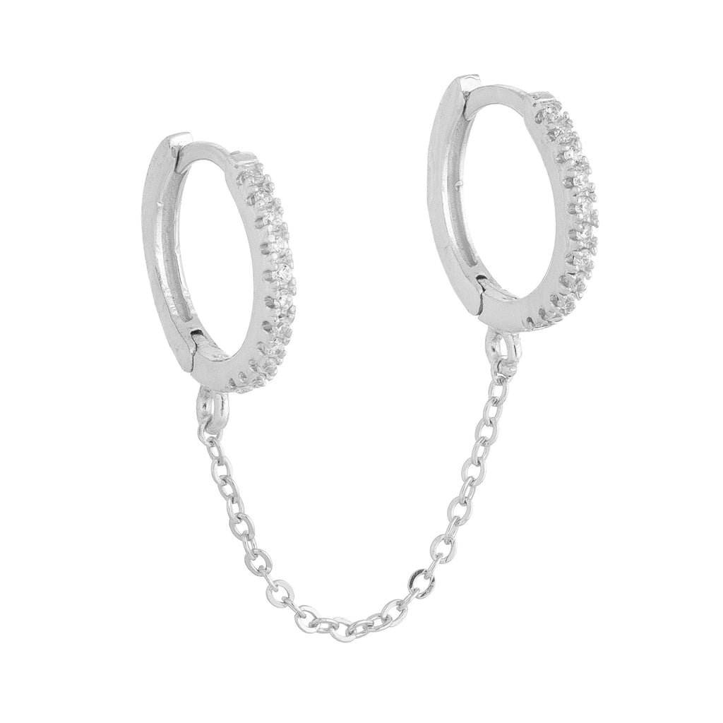 Silver / Single CZ Double Huggie Chain Earring - Adina's Jewels