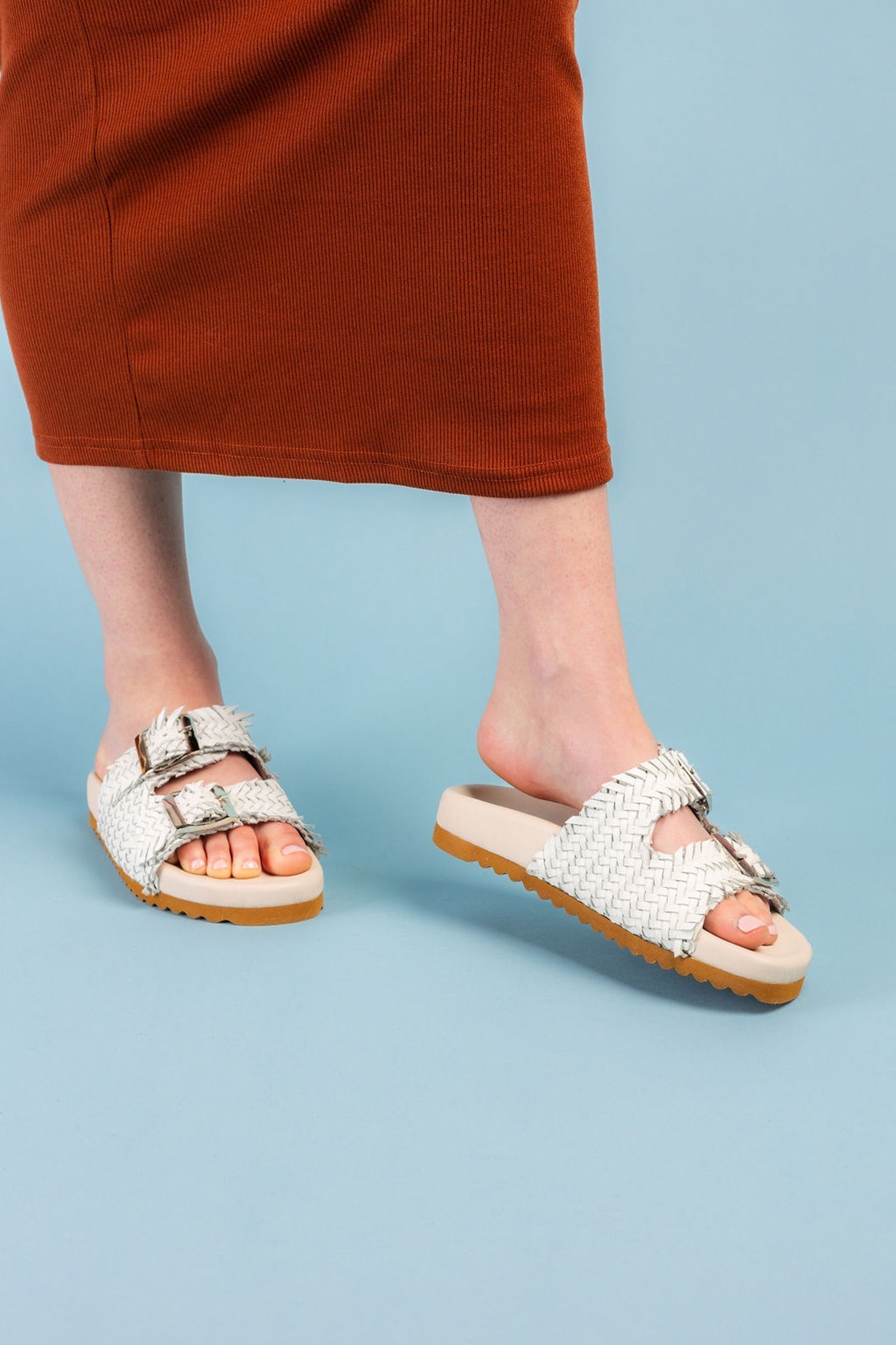 Intertwine Dual Woven Strap Slide in White - Charming Charlie