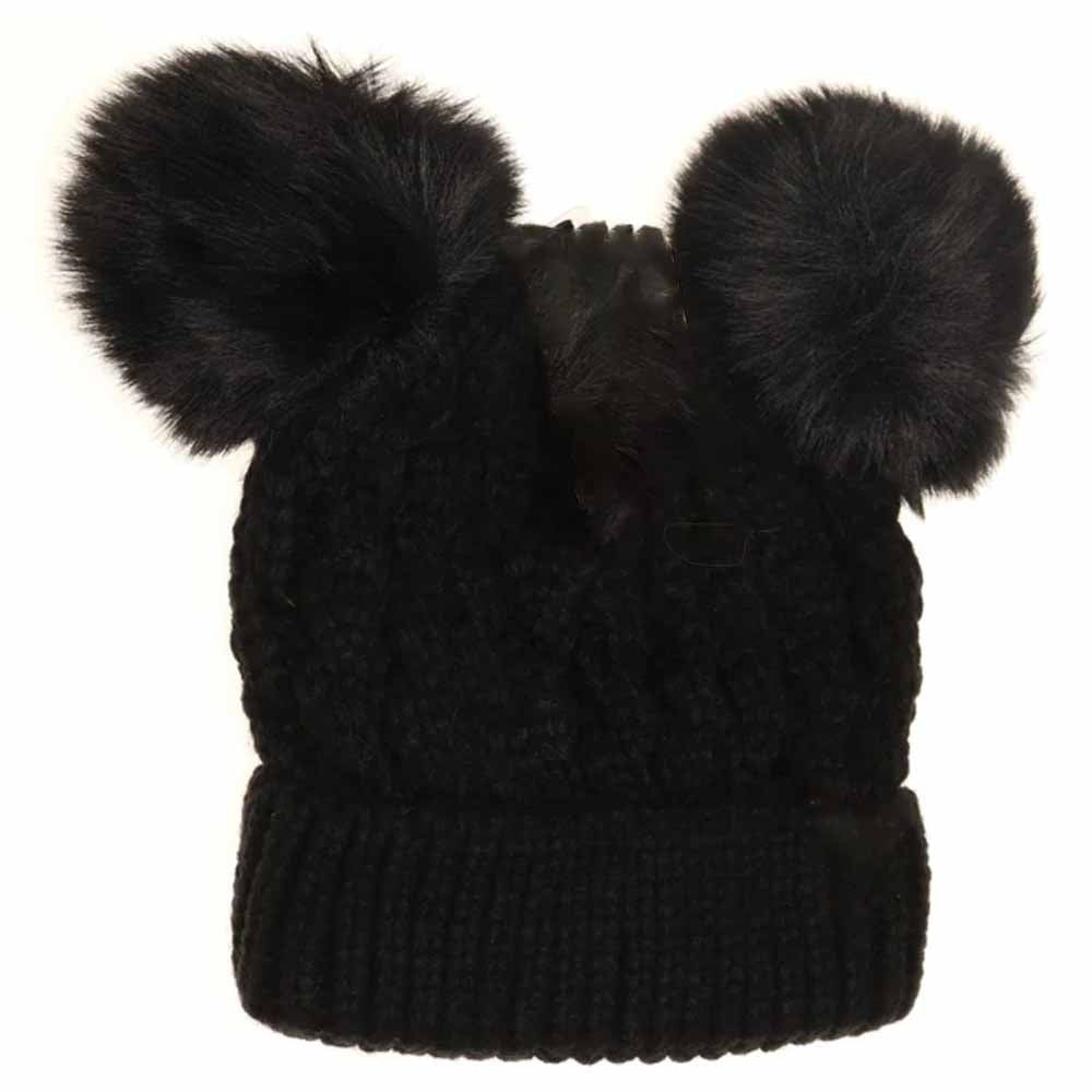 Black Kids Cable Knit Double Matching Pom Beanie offers cozy warmth and stylish design for young wearers. Crafted with a double-layer knit, it provides extra insulation against cold weather. The matching pom-poms add a playful touch, making it both functional and fashionable for everyday winter wear. Ideal for keeping children comfortable during outdoor activities in chilly conditions. 