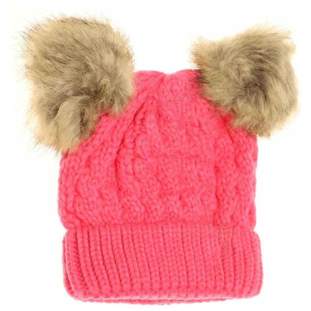 Candy-Pink Kids Cable Knit Double Matching Pom Beanie offers cozy warmth and stylish design for young wearers. Crafted with a double-layer knit, it provides extra insulation against cold weather. The matching pom-poms add a playful touch, making it both functional and fashionable for everyday winter wear. Ideal for keeping children comfortable during outdoor activities in chilly conditions. 