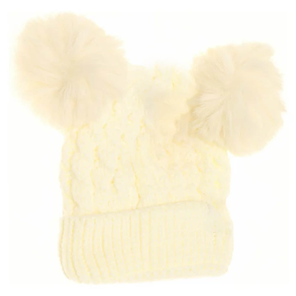 Ivory Kids Cable Knit Double Matching Pom Beanie offers cozy warmth and stylish design for young wearers. Crafted with a double-layer knit, it provides extra insulation against cold weather. The matching pom-poms add a playful touch, making it both functional and fashionable for everyday winter wear. Ideal for keeping children comfortable during outdoor activities in chilly conditions. 
