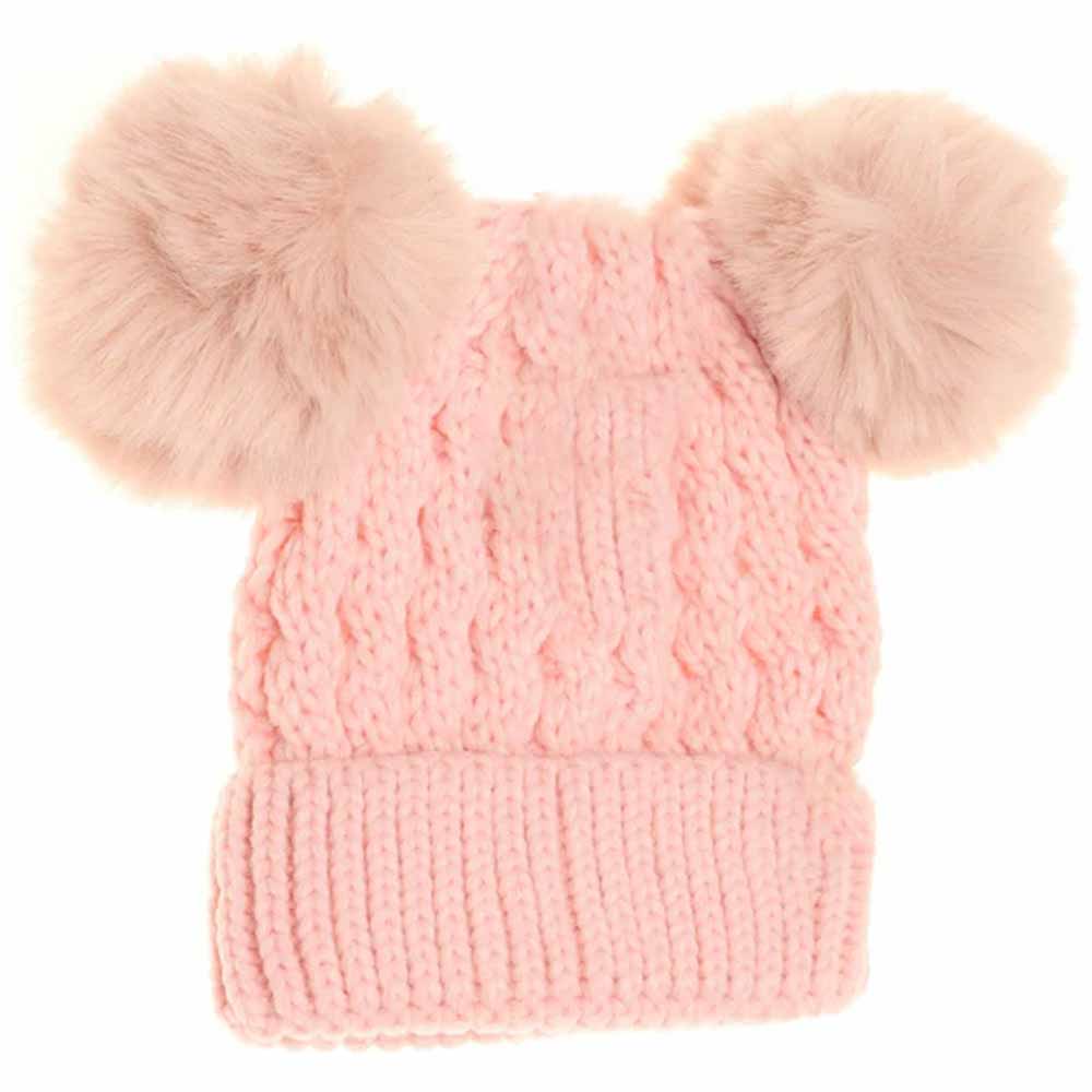 Pink Kids Cable Knit Double Matching Pom Beanie offers cozy warmth and stylish design for young wearers. Crafted with a double-layer knit, it provides extra insulation against cold weather. The matching pom-poms add a playful touch, making it both functional and fashionable for everyday winter wear. Ideal for keeping children comfortable during outdoor activities in chilly conditions. 