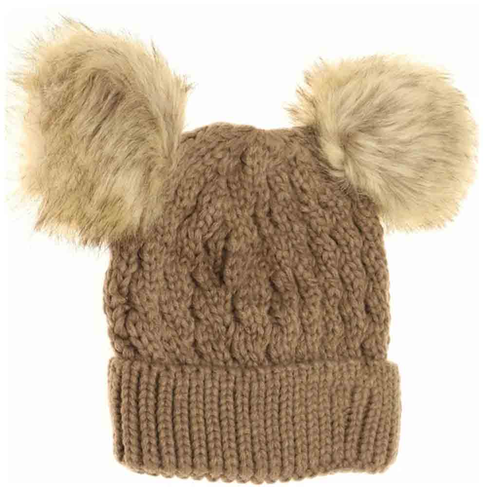Taupe Kids Cable Knit Double Matching Pom Beanie offers cozy warmth and stylish design for young wearers. Crafted with a double-layer knit, it provides extra insulation against cold weather. The matching pom-poms add a playful touch, making it both functional and fashionable for everyday winter wear. Ideal for keeping children comfortable during outdoor activities in chilly conditions. 