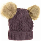 Violet Kids Cable Knit Double Matching Pom Beanie offers cozy warmth and stylish design for young wearers. Crafted with a double-layer knit, it provides extra insulation against cold weather. The matching pom-poms add a playful touch, making it both functional and fashionable for everyday winter wear. Ideal for keeping children comfortable during outdoor activities in chilly conditions. 