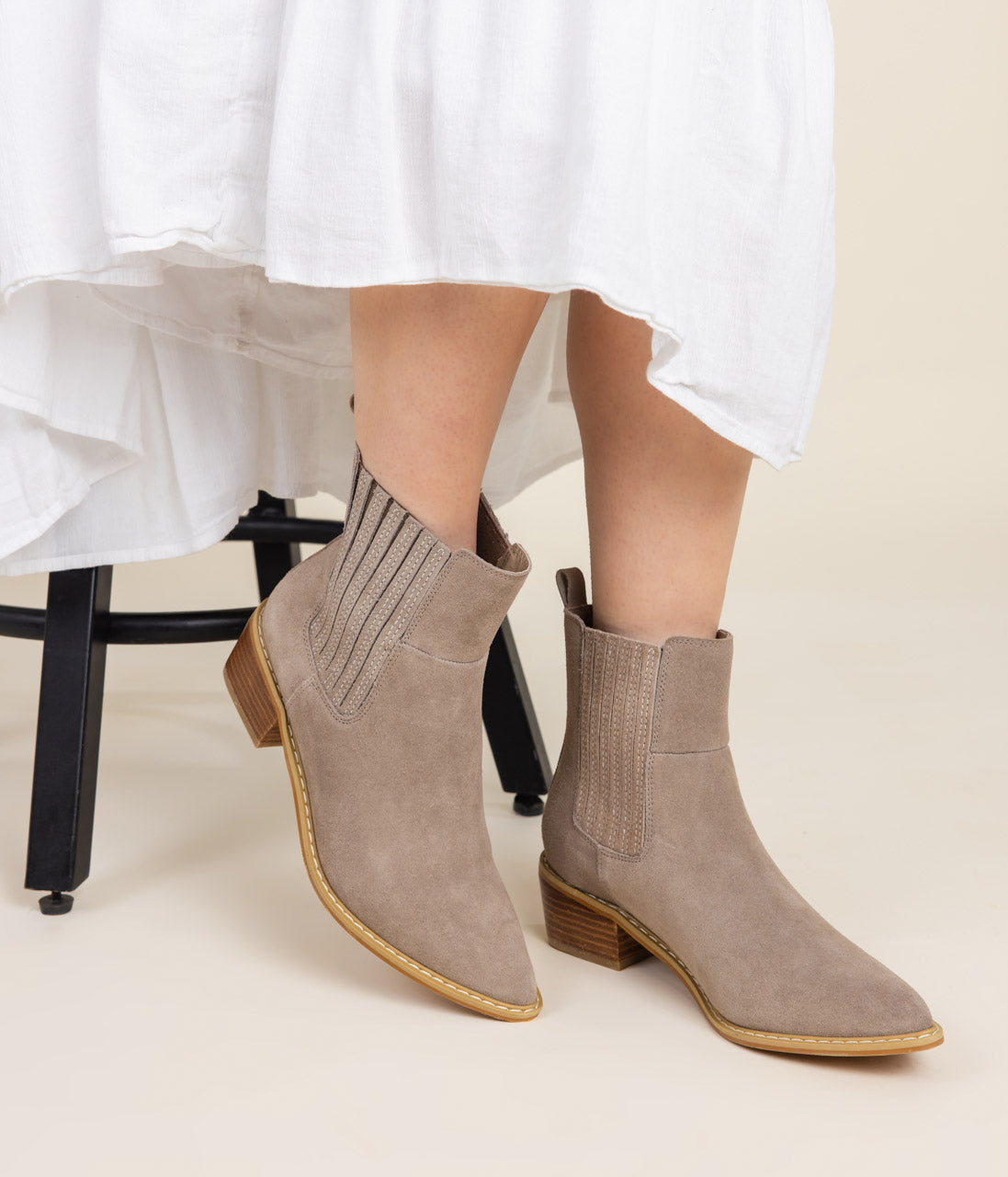 Leonor Suede Ankle Boot in Taupe - Charming Charlie