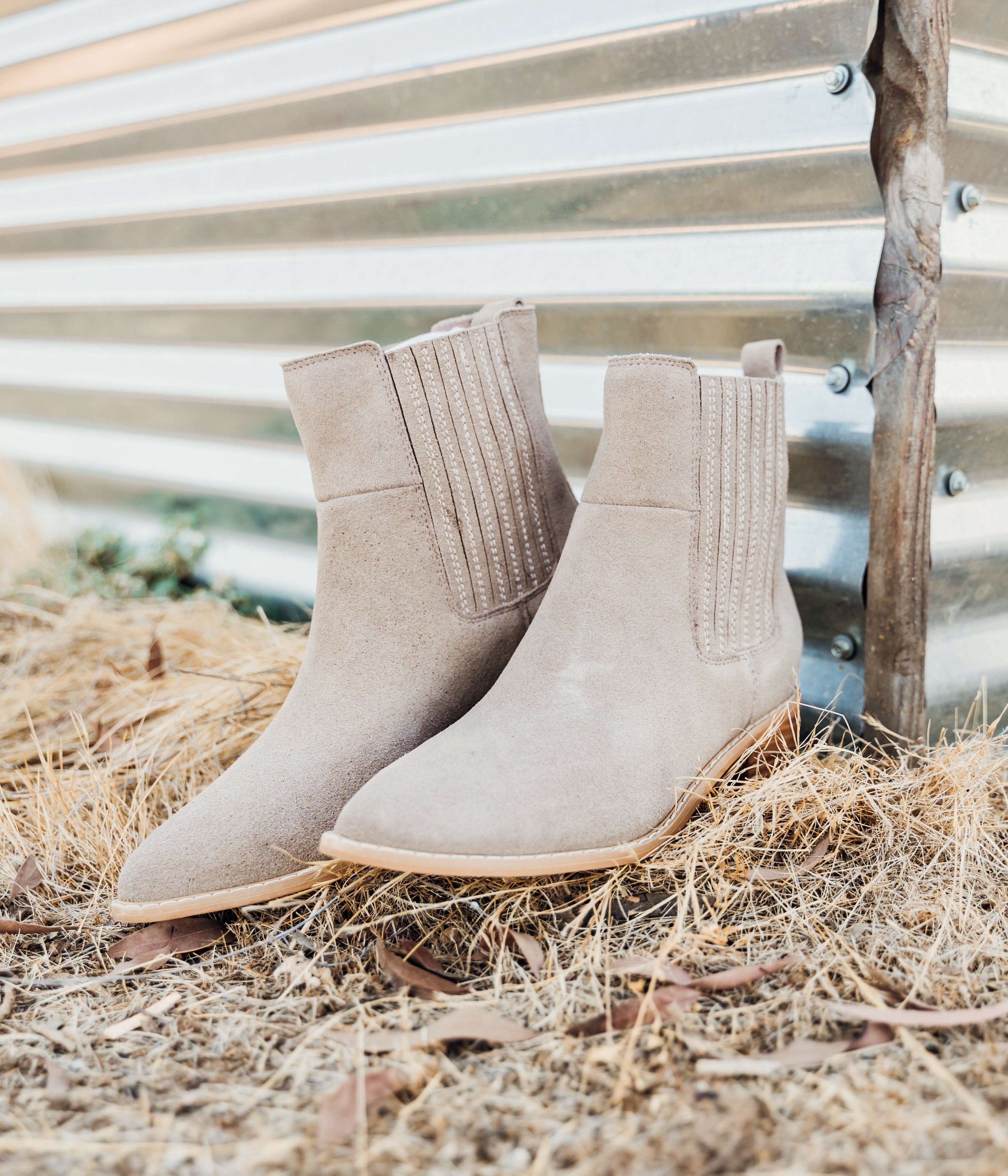 Leonor Suede Ankle Boot in Taupe - Charming Charlie