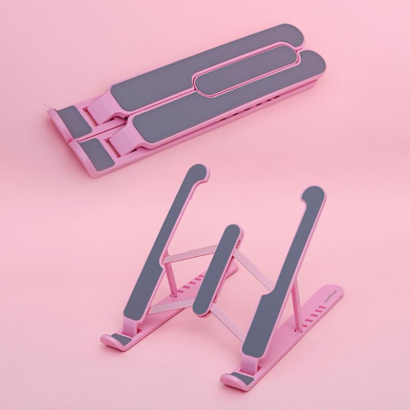 Foldable laptop stand when in-use and folded - in pink