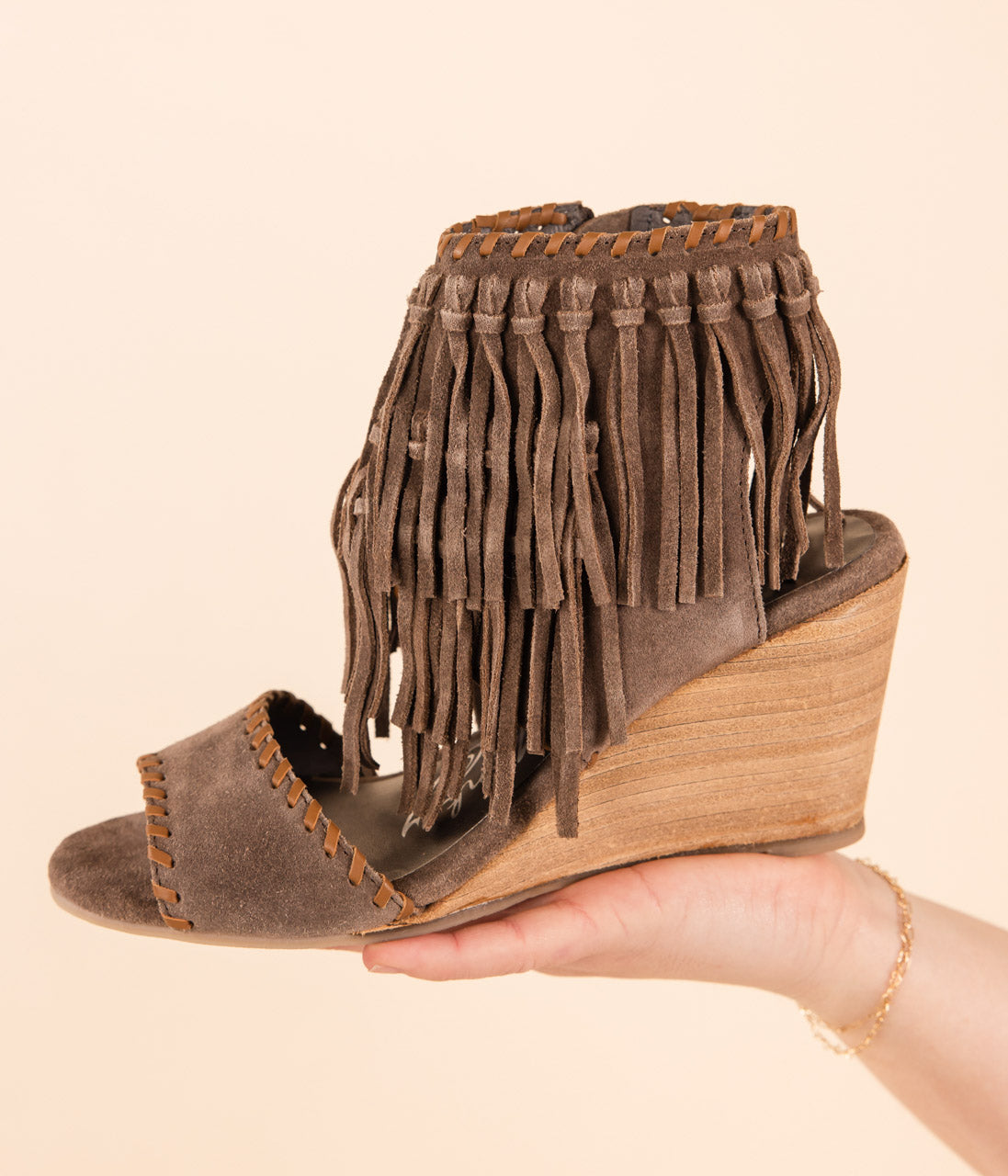 True Fringe Wedge in Taupe - Charming Charlie