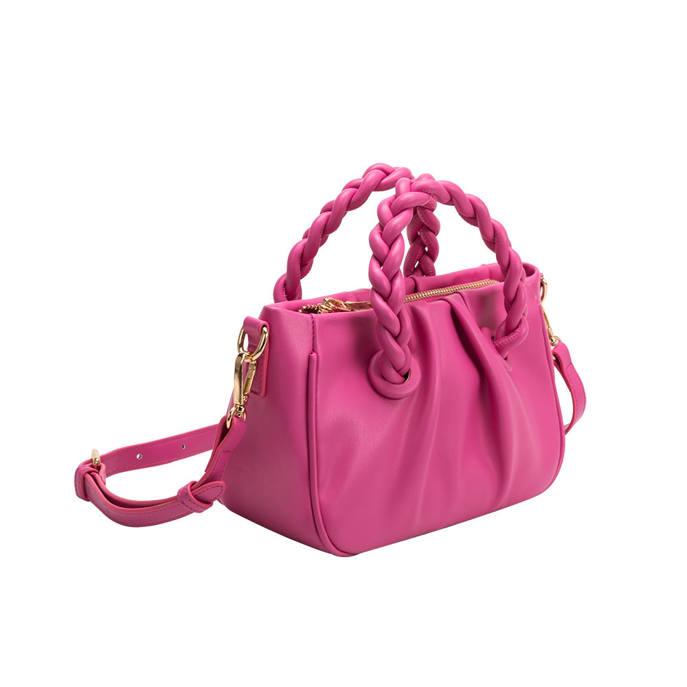 A small fuchsia recycled vegan leather crossbody bag with twisted handle. 