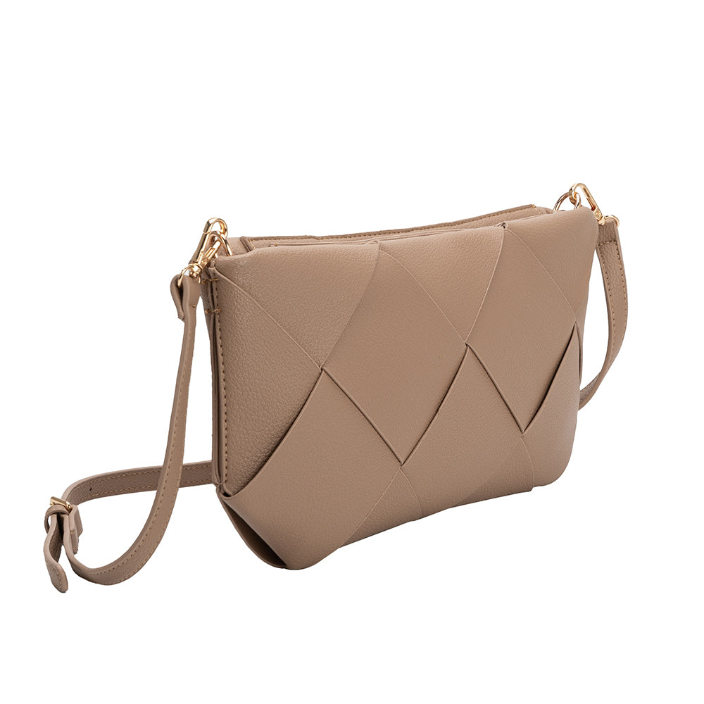 A small taupe woven vegan leather clutch with a crossbody strap.