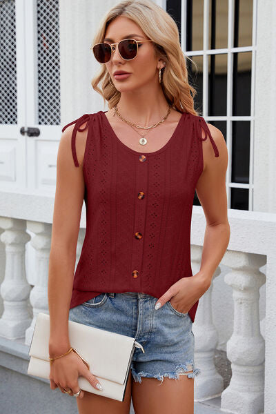 Eyelet Round Neck Wide Strap Tank - Charming Charlie