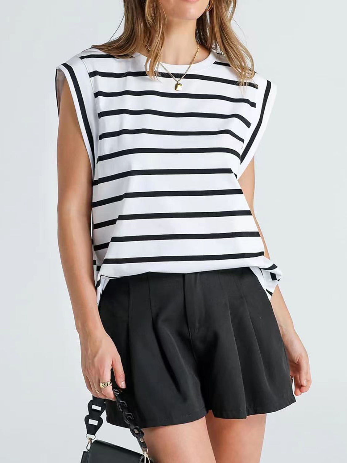 Striped Round Neck Cap Sleeve T-Shirt - Charming Charlie