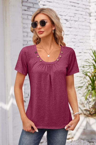 Decorative Button Scoop Neck T-Shirt - Charming Charlie