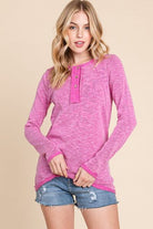 Reborn J Contrast Trim Half Button Long Sleeve T-Shirt - Charming Charlie