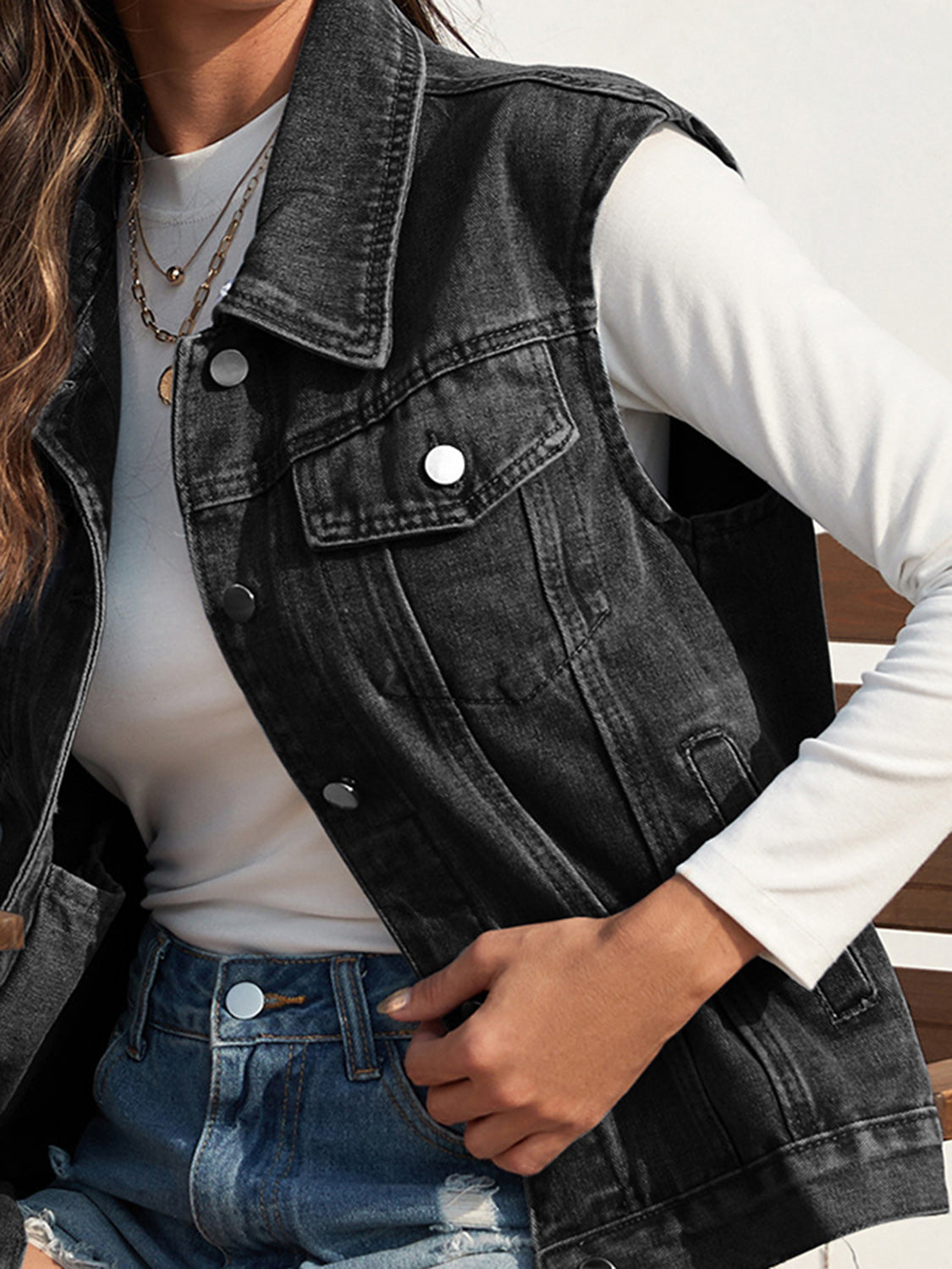 Collared Neck Sleeveless Denim Jacket - Charming Charlie