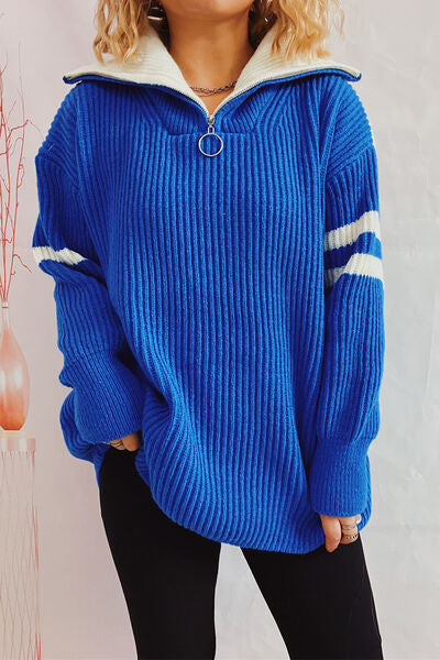 Quarter Zip Striped Dropped Shoulder Sweater - Charming Charlie