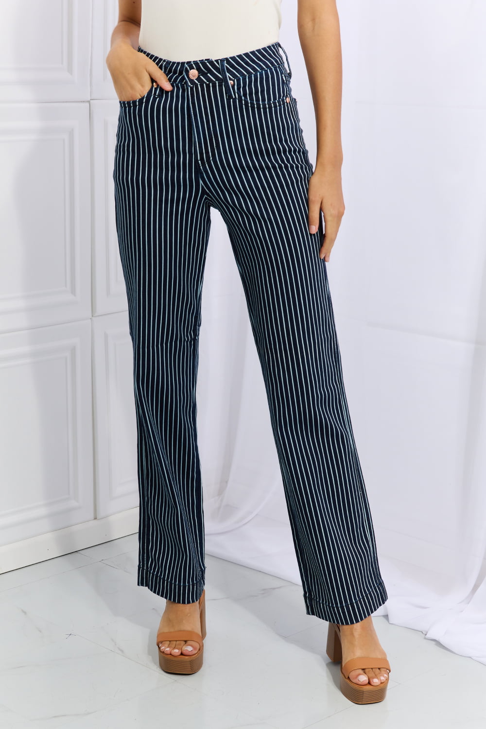 High Waisted Tummy Control Striped Straight Jeans