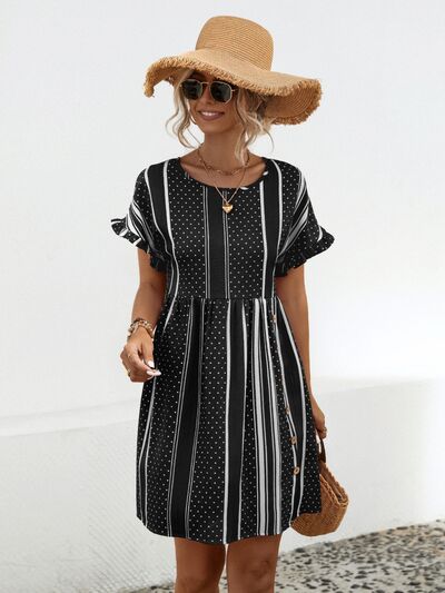 Striped Polka Dot Frill Short Sleeve Mini Dress - Charming Charlie