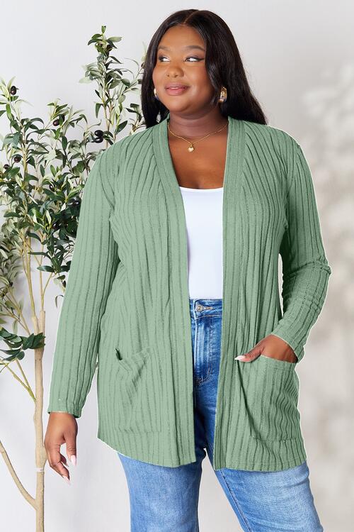 Basic Bae Full Size Ribbed Open Front Cardigan with Pockets - Charming Charlie