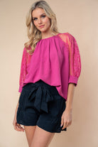 White Birch Round Neck Lace Half Sleeve Blouse - Charming Charlie